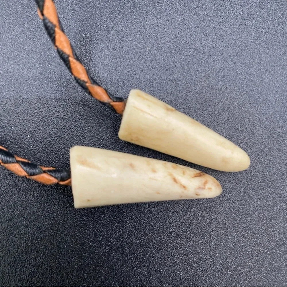 Vintage Bolo Neck Tie with Braided Leather Cord and Carved Horn